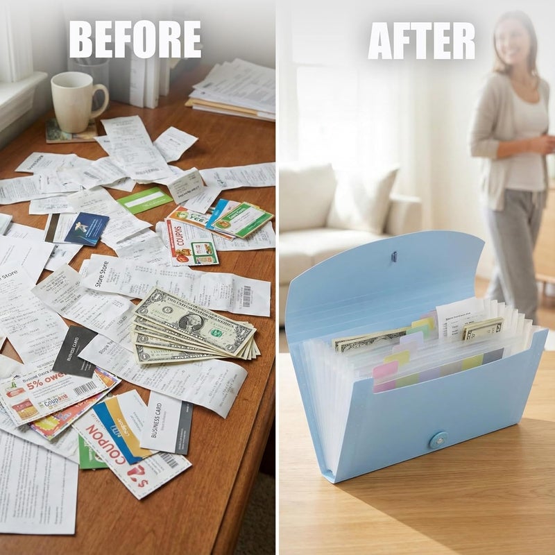 Gtheimn Portable 13-Pocket Receipt & Coupon Organizer, Small Expanding Accordion File Folder with Labels, Long Ticket Size Holder for Bills, Checks, and Travel Documents (10.2" x 5.5"), Blue - Image 5